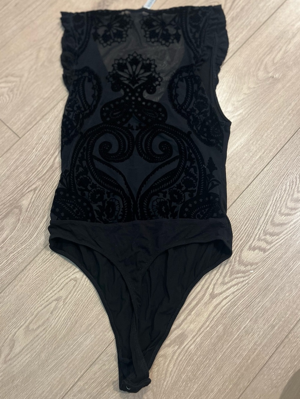 Free People Black Velvet Patterned Mesh Bodysuit